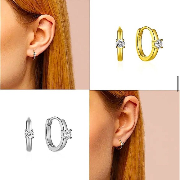 Gold Diamond Huggie Hoop Cubic Zircon Minimalist Earrings - Picture 8 of 10